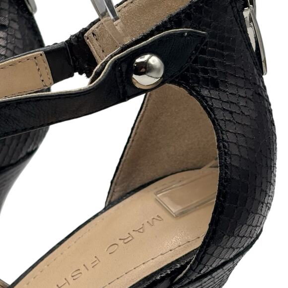 Marc Fisher Black Pointed Toe Heels Strappy Zip Back Stiletto Snake Embossed 8M - Picture 13 of 16